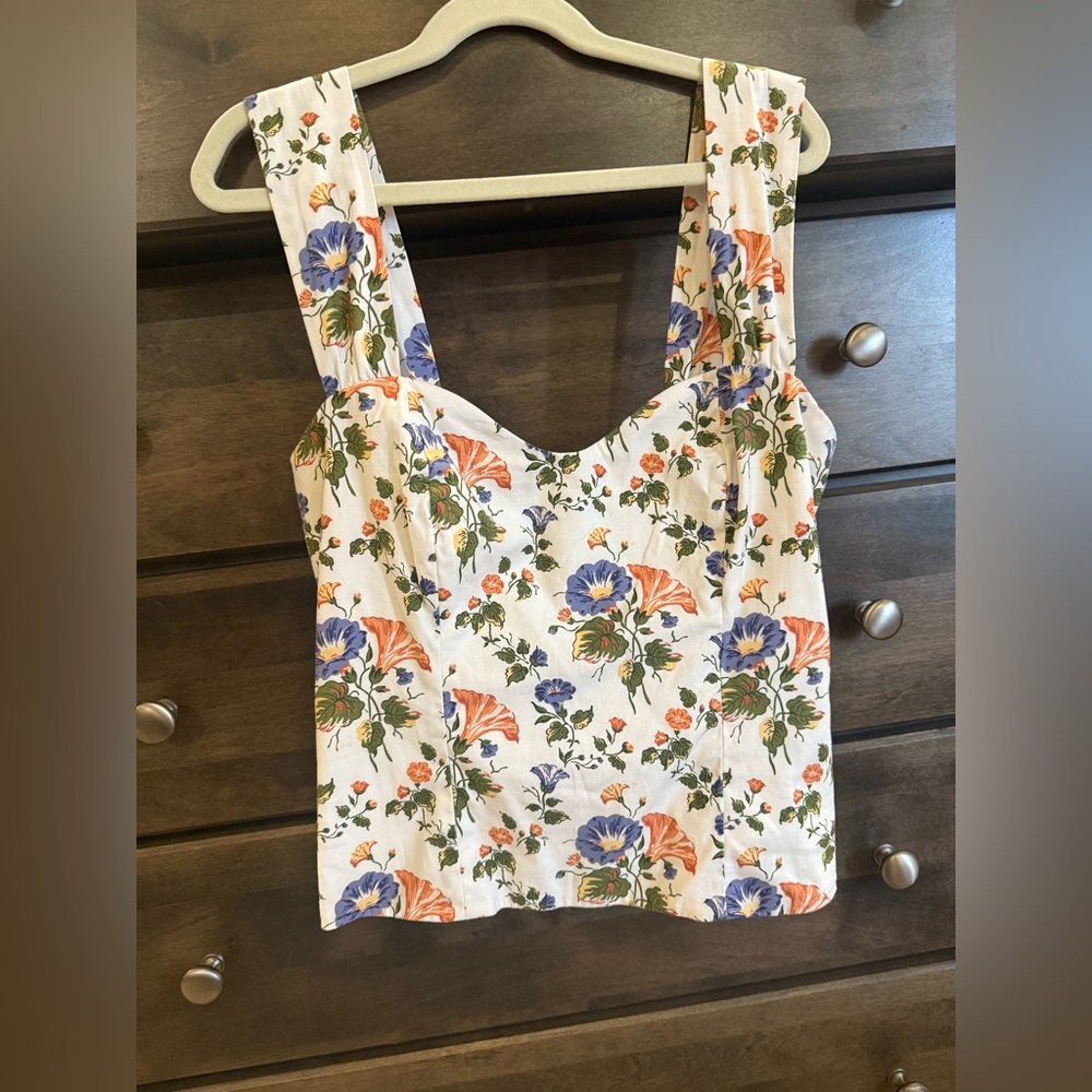 Reformation Floral Blouse with Blue and Orange Accents